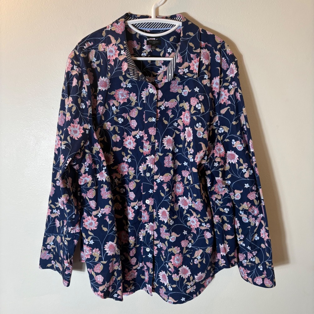 Talbots Floral Non-Iron Button Down Shirt Size 24W Navy Blue